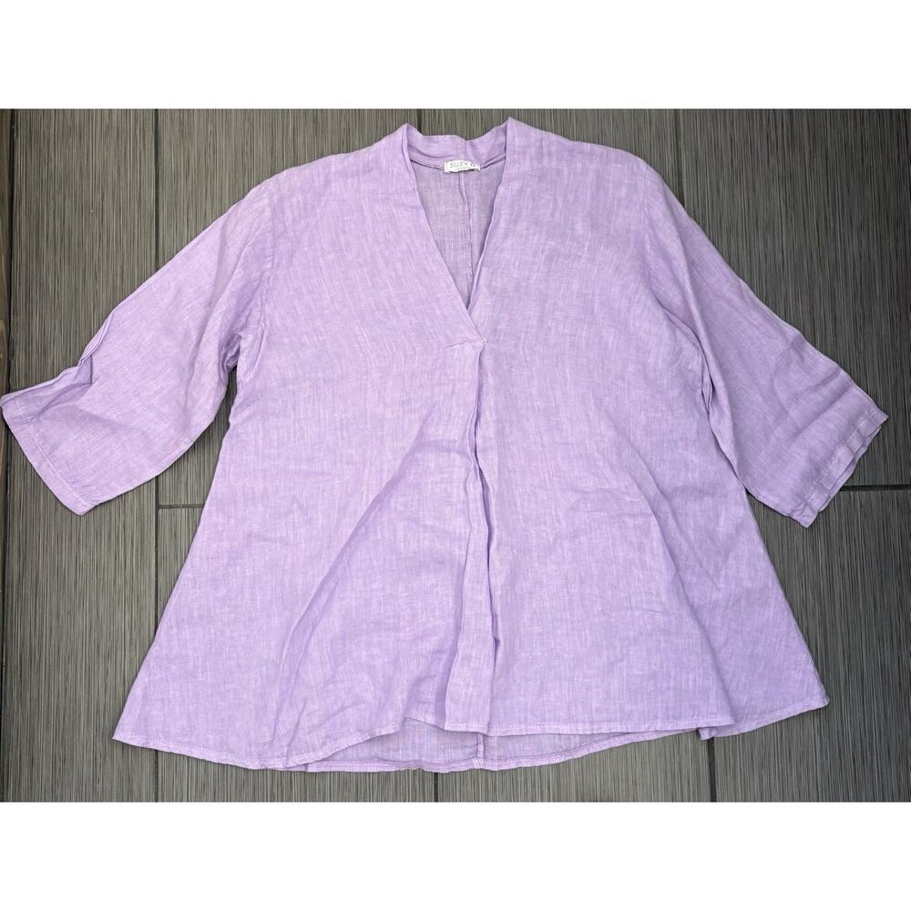 Suzy Q Purple Linen V-neck Tunic Blouse Size Small Made In Italy Oversized